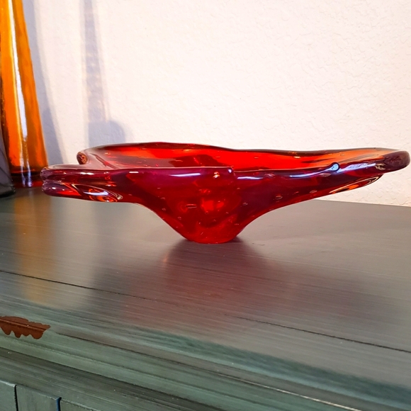 Handblown Red Art Glass Mid-Century Modern Atomic Bubble Vintage Ashtray Decor - Picture 2 of 11